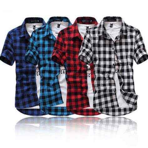 TSEXIEFOOFU - Fashion Men's Summer Casual Dress Shirt Mens Plaid Short ...