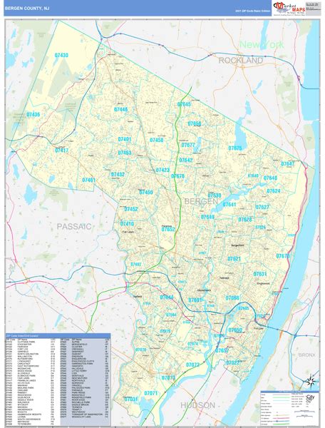 Bergen County, NJ Zip Code Wall Map Basic Style by MarketMAPS