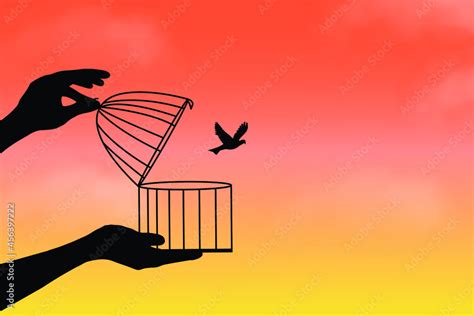 Liberation symbol. Birds flying out of cage, freedom concept, bird set ...