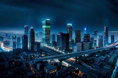 Premium AI Image | A cityscape with a blue sky and a cityscape at night.