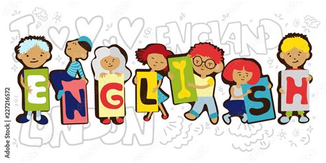 Design Concept Of Word ENGLISH Website Banner. Cartoon kids holding ...