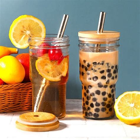 4Pack 22oz Iced Coffee Cups Glass Bottles Gift With Lids And Straws For ...