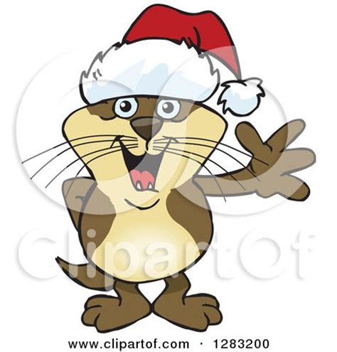 Clipart of a Friendly Waving Otter Wearing a Christmas Santa Hat ...