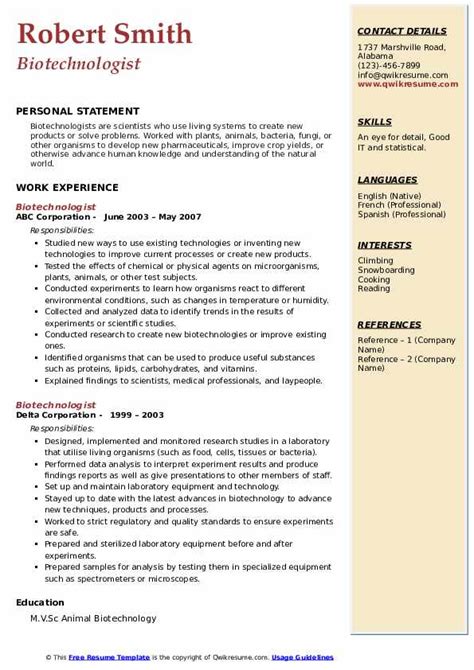 Biotechnologist Resume Samples | QwikResume