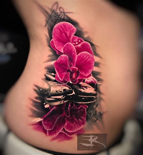 Pink Orchids, Girls Realistic Side Tattoo | Best tattoo design ideas