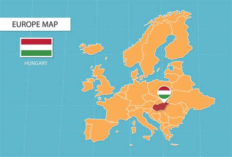 Hungary map in Europe, icons showing Hungary location and flags ...