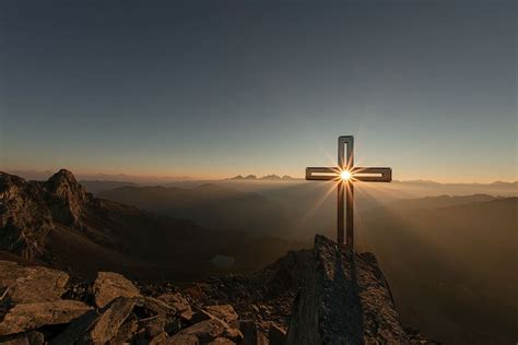 HD wallpaper: Crossing sun, cross on mountain, summit, sunrise ...