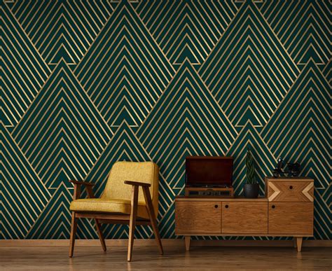 Dark green matte wallpaper with gold diamond line pattern | Etsy