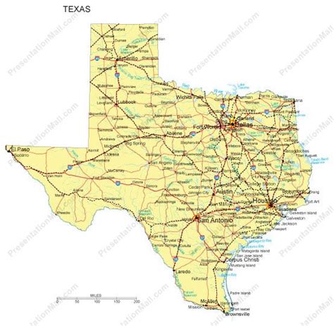 Texas Map - Major Cities, Roads, Railroads, Waterways - Digital Vector ...