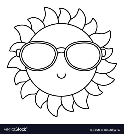 Sun smiling with sunglasses cartoon in black Vector Image