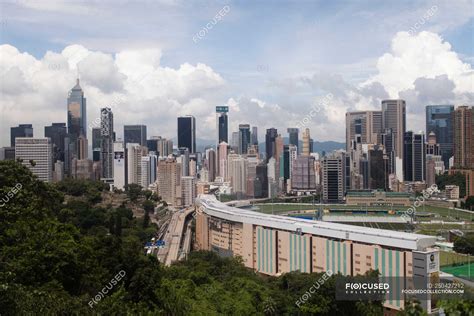 Aerial view to city with skyscrapers — district, skyline - Stock Photo ...