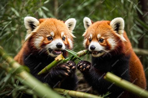 Premium AI Image | Two cute red panda eating bamboo leaves