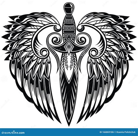 Tattoo of a Sharp Sword with Flowing Wings in Tribal Style Stock Vector ...