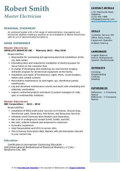 Master Electrician Resume Samples | QwikResume