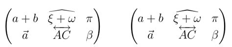 math mode - Latex - How to type these symbols over chars in matrix ...