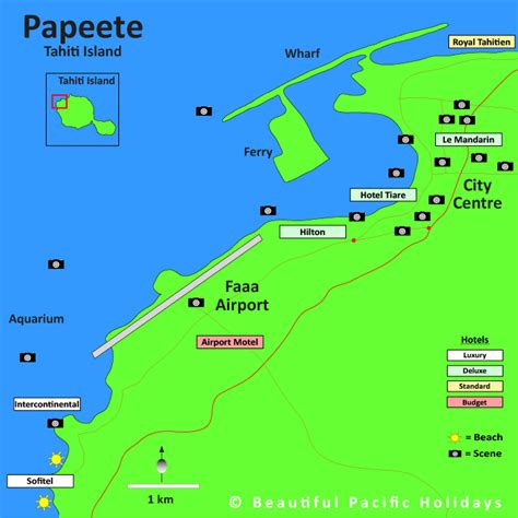 Map of Papeete Town in the Tahiti Island showing Hotel Locations