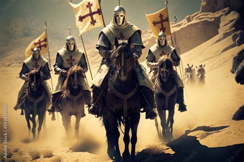 Crusader warriors riding on horses in the desert during the Holy War ...