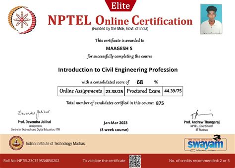 Maagesh S Received Elite Certificate from NPTEL - Agni College