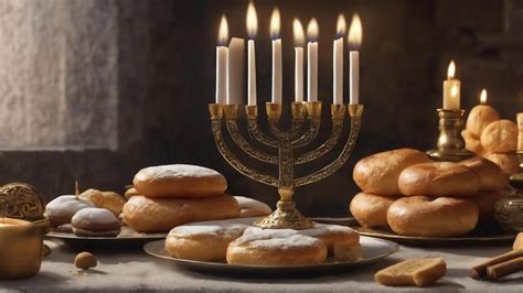 Premium AI Image | Menorah and sufganiyah near gelt and dreidels