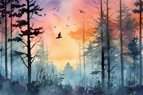 Premium AI Image | A painting of a forest with a sunset in the background.