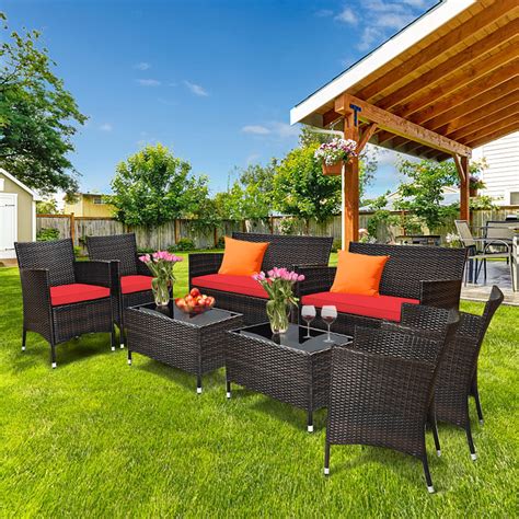 Gymax 8PCS Patio Rattan Conversation Furniture Set Outdoor w/ Red ...