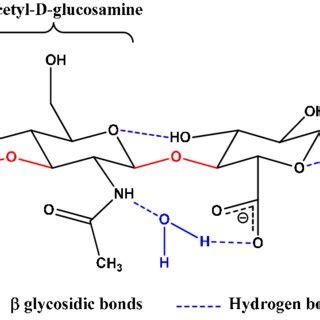 Chemical structure of hyaluronic acid. Hydrogen bonds are illustrated ...