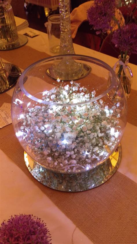 Gypsophila fishbowl with fairy lights | Vintage wedding decorations diy ...