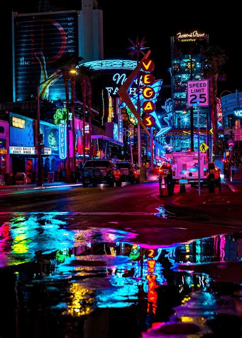 'Neon night city Las Vegas' Poster, picture, metal print, paint by ...