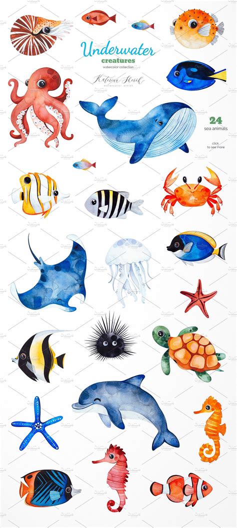 Underwater Creatures. by Kate_Rina on @creativemarket Sea Creatures ...