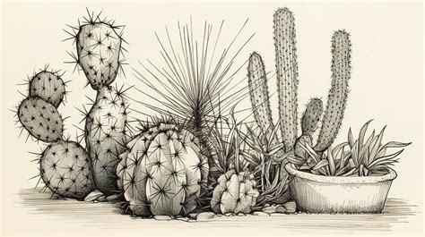 Black And White Drawing Of Cactus Plants Background, Cactus Picture ...