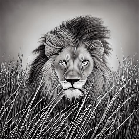 Hand Sketched Lion Art in an Open Long Grass Field · Creative Fabrica