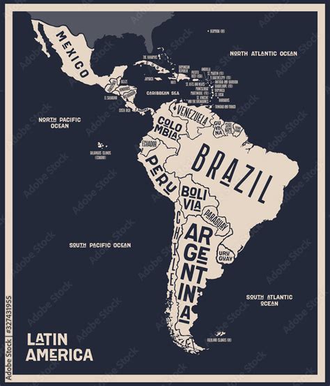 Map Latin America. Poster map of Latin America. Black and white print ...