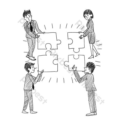 Cartoon Drawing Team Puzzle Line Drawing PNG Images | PSD Free Download ...