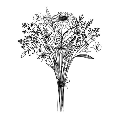 Bouquet of simple flowers. Wildflowers fine bouquets. Hand drawn ...