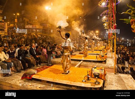 India, Uttar Pradesh, Priests celebrating River Ganges Aarti Stock ...