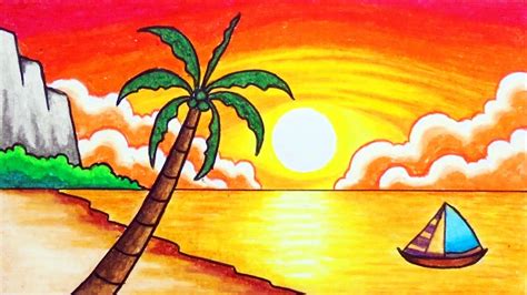 Cómo dibujar un paisaje fácil | Dibujo Mar Playa Atardecer Paisaje Paso ...