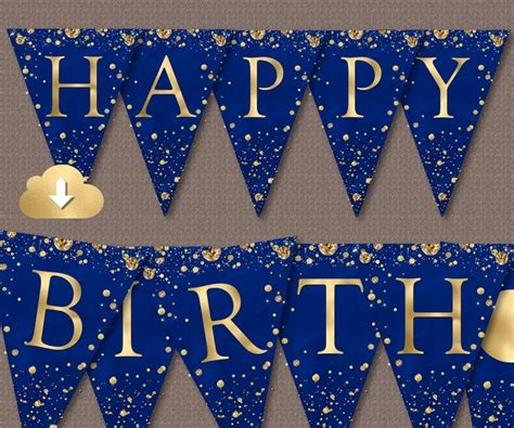 Happy Birthday Banner, Blue Gold Birthday Flags, Printable Birthday ...