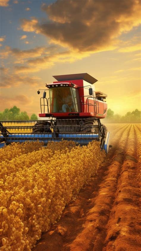 Combine Harvester in a Soybean Field Harvesting Soybeans at Sunset ...