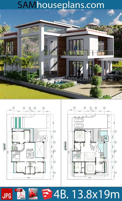 4 Bedroom Home Plan 13.8x19m - Sam House Plans | Contemporary house ...