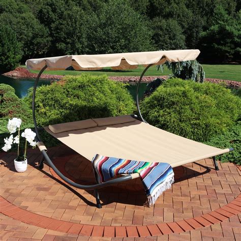 Sunnydaze Double Chaise Outdoor Lounge Bed with Canopy and Headrest ...