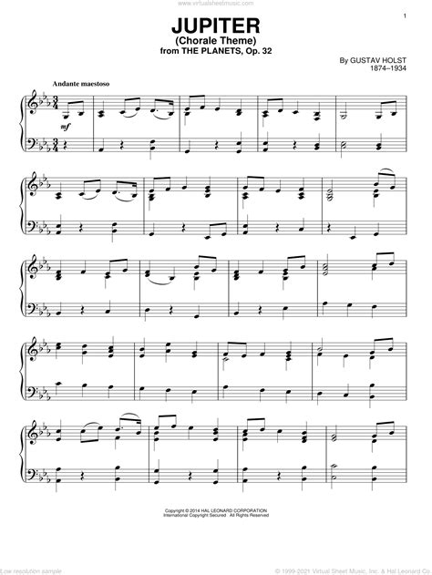 Jupiter, (intermediate) sheet music for piano solo (PDF)