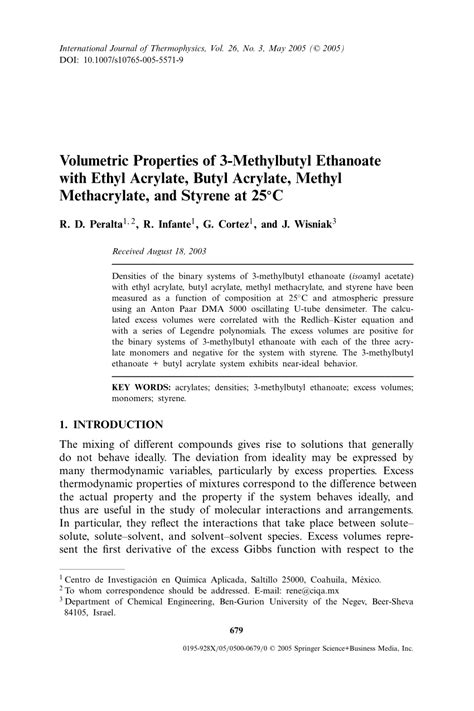 (PDF) Volumetric Properties of 3-Methylbutyl Ethanoate with Ethyl ...