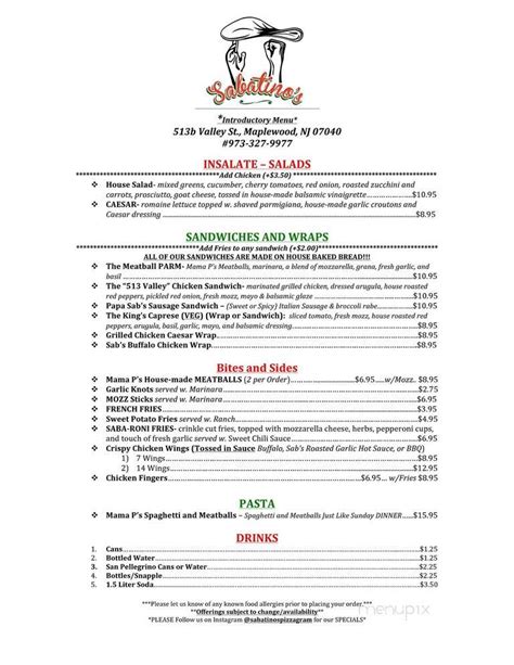 Menu of Sabatino's in Maplewood, NJ 07040