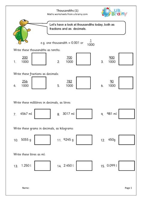 Thousandths (1) - Fraction and Decimal Worksheets for Year 5 (age 9-10 ...