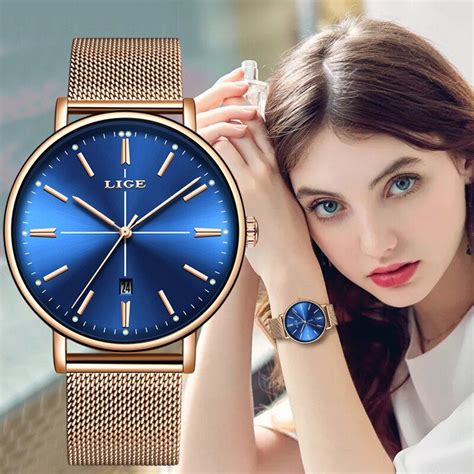 2019 LIGE New Rose Gold Blue Table Womens Business Quartz Watch Ladies ...