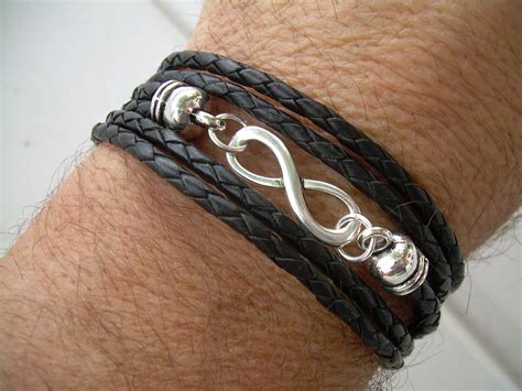 Men Leather Bracelet Infinity Bracelet Triple Wrap Black Braid - Etsy ...