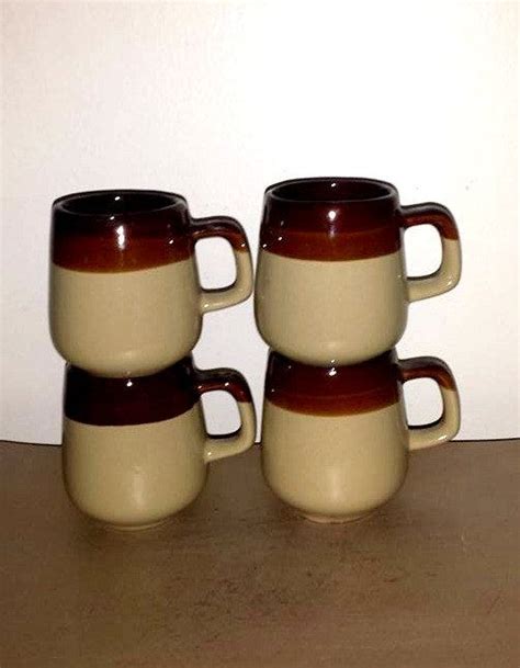 Vintage Stoneware Coffee Mugs,Set of 4,Brown and Tan Stoneware,Dripware ...