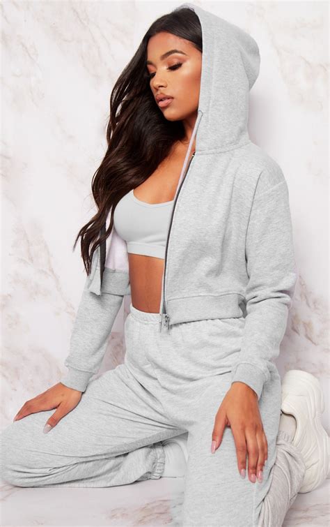 Grey Crop Zip Hoodie | Mix And Match | PrettyLittleThing