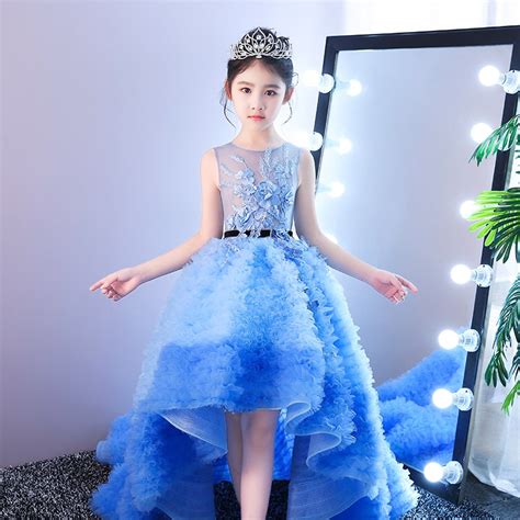 Blue Royal Princess Dress Long Tailling Ball Gown Flower Girl Dresses ...