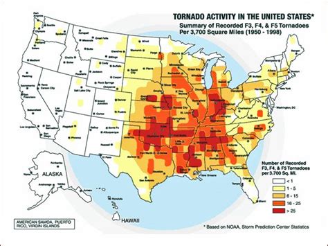 Map of the U.S. showing number of recorded F3, F4, and F5 Tornadoes ...